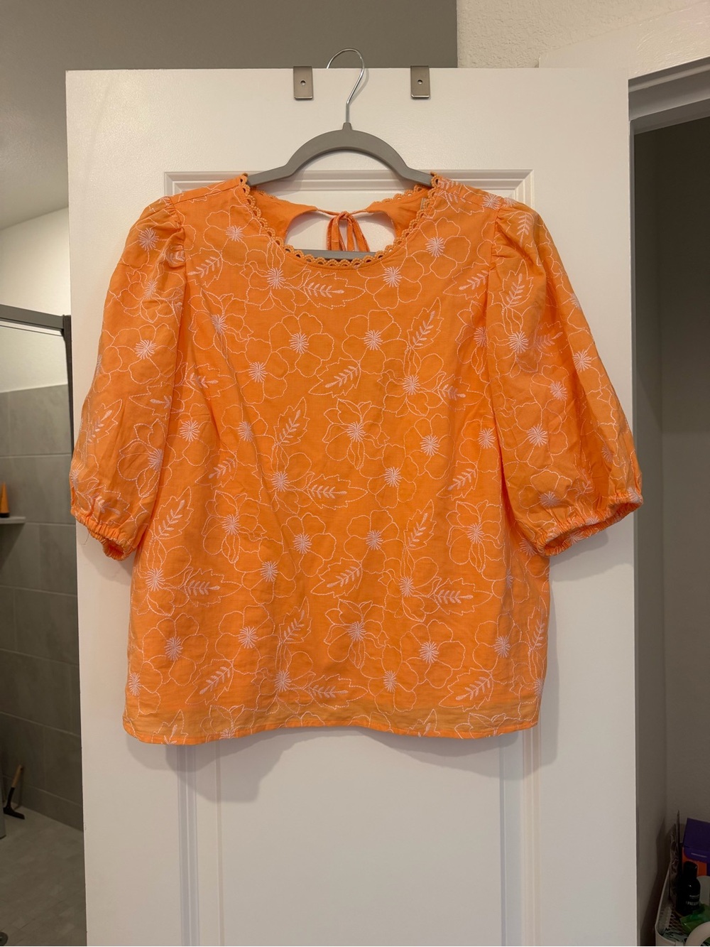 LOFT Orange Floral Embroidered Puff Sleeve Blouse